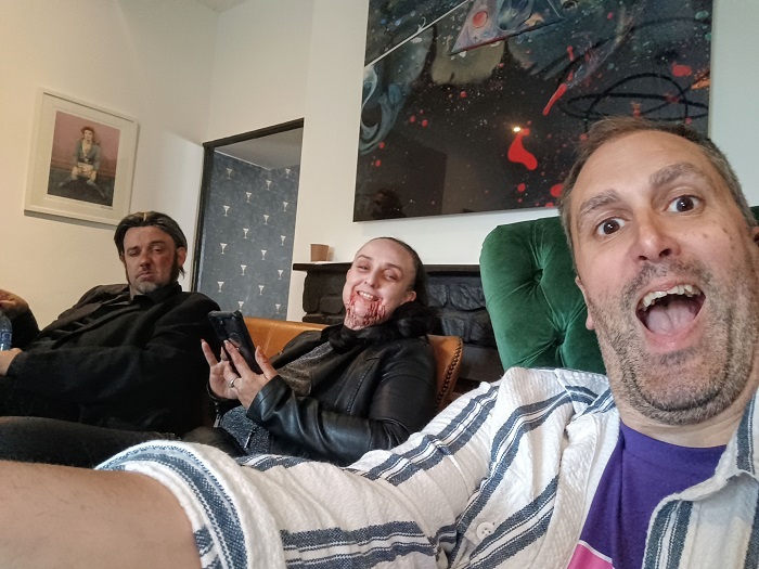 relaxing between filming